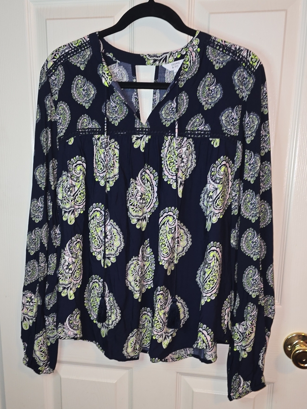Navy Paisley V-Neck Blouse with Lime Accents